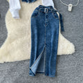 Korean style goddess look fashion patchwork faux two-piece long sleeve shirt with belted waist denim midi skirt two-piece set