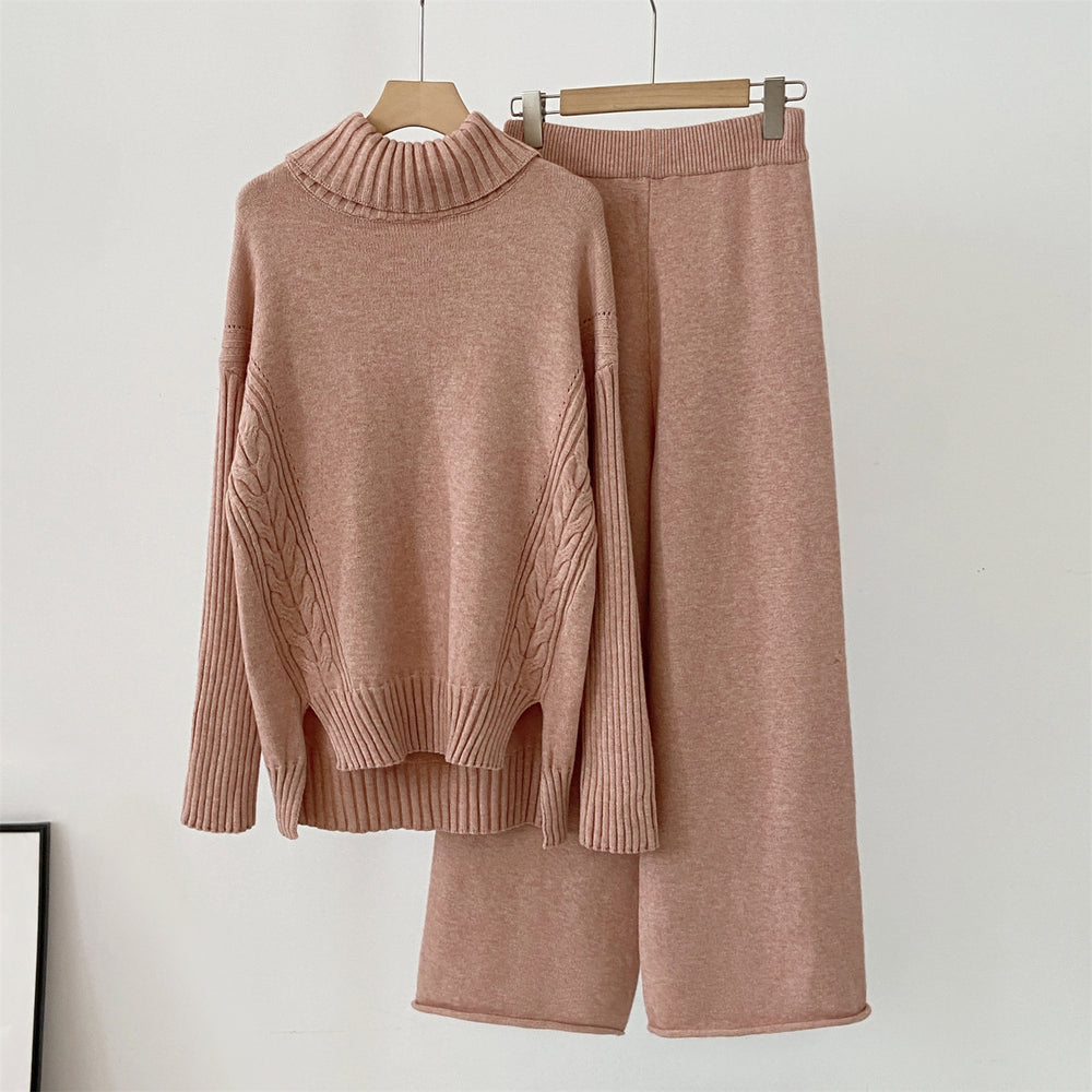 Autumn winternew arrivalknittingsuitelegantcasual slit sense of design high collar sweaterpure colorloose pantstwo-piece set