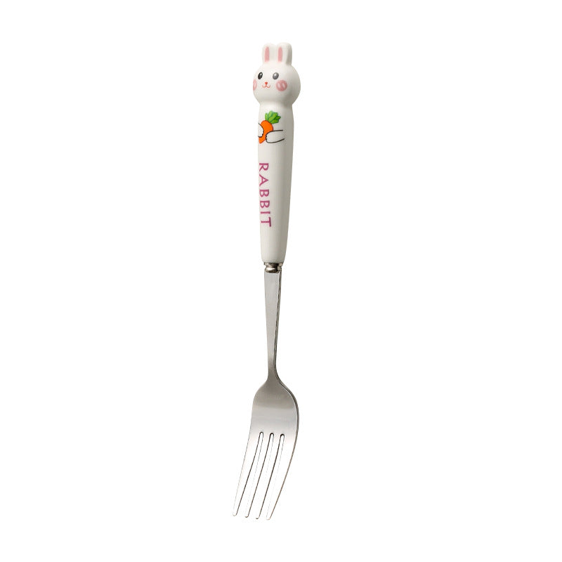 Cartoon stainless steel cutlery set: cute kids' forks with stylish ceramic handles, exquisite dessert spoons, and serving spoons