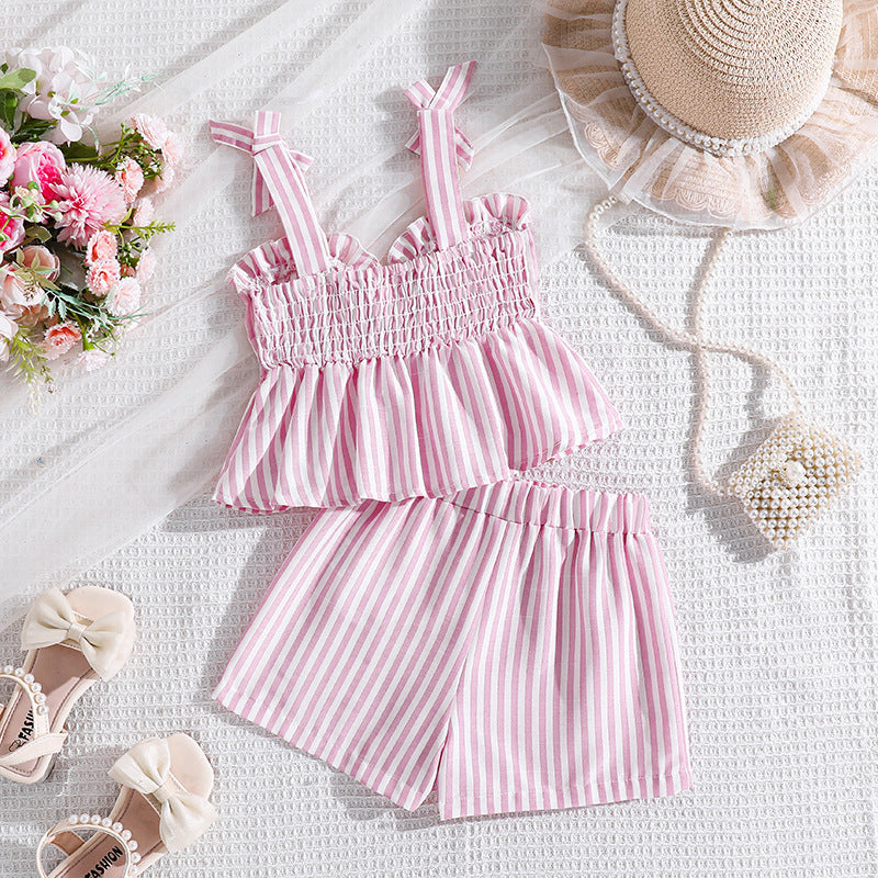 girls' summer outfit: new european and american style, toddler and child suspender top and shorts, fashionable striped two-piece set