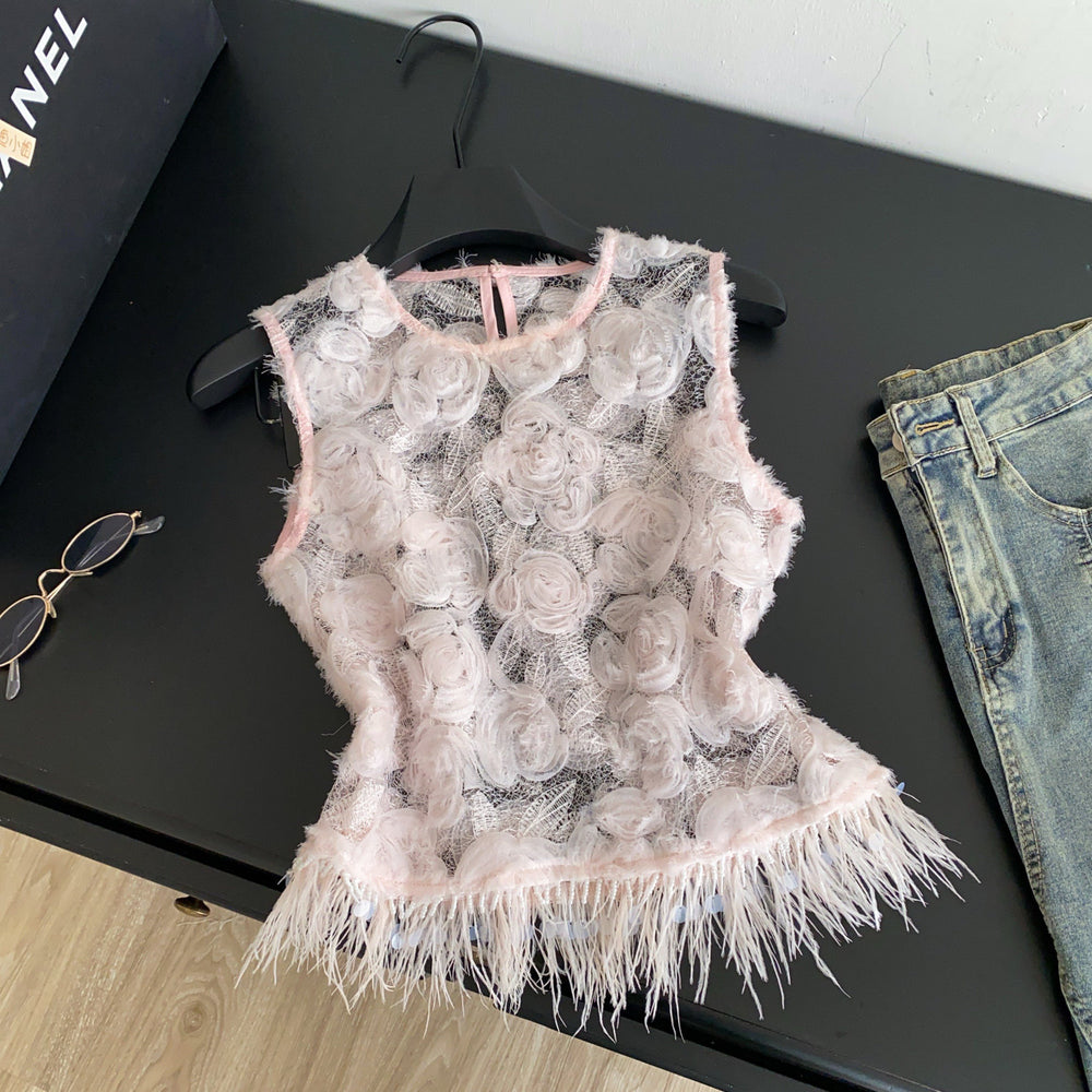 French heavy industry mesh stereo flower patchwork camisole women's summersense of designniche style sleeveless eleganttops