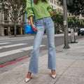 Amazon stretch jeans women's new european and american style elegant commute micro flare washed double button denim pants
