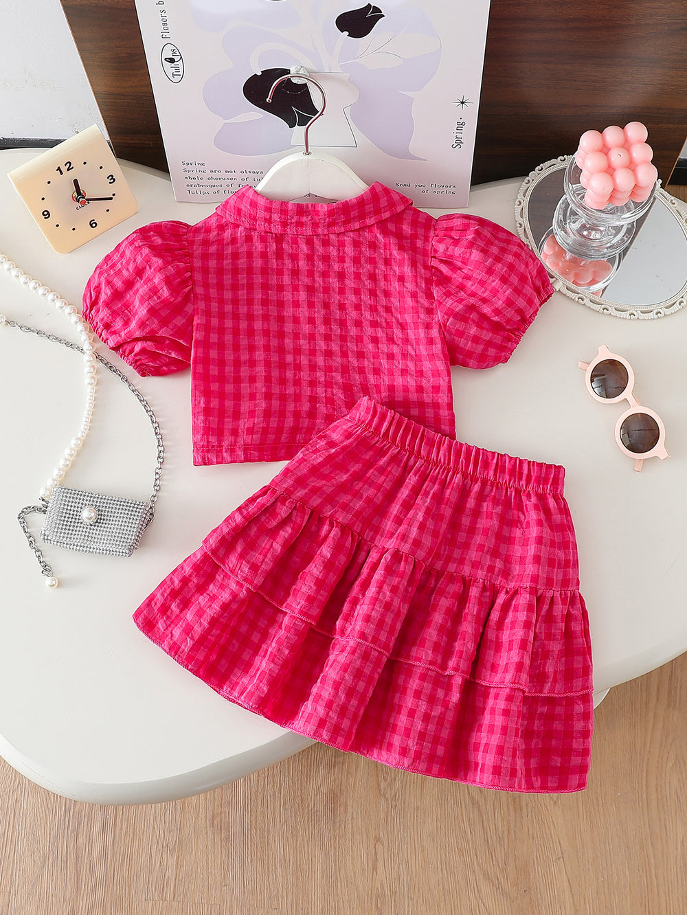 Summer girls' short skirt set - peach pink plaid, peter pan collar, chinese knot button top, and tiered skirt two-piece outfit