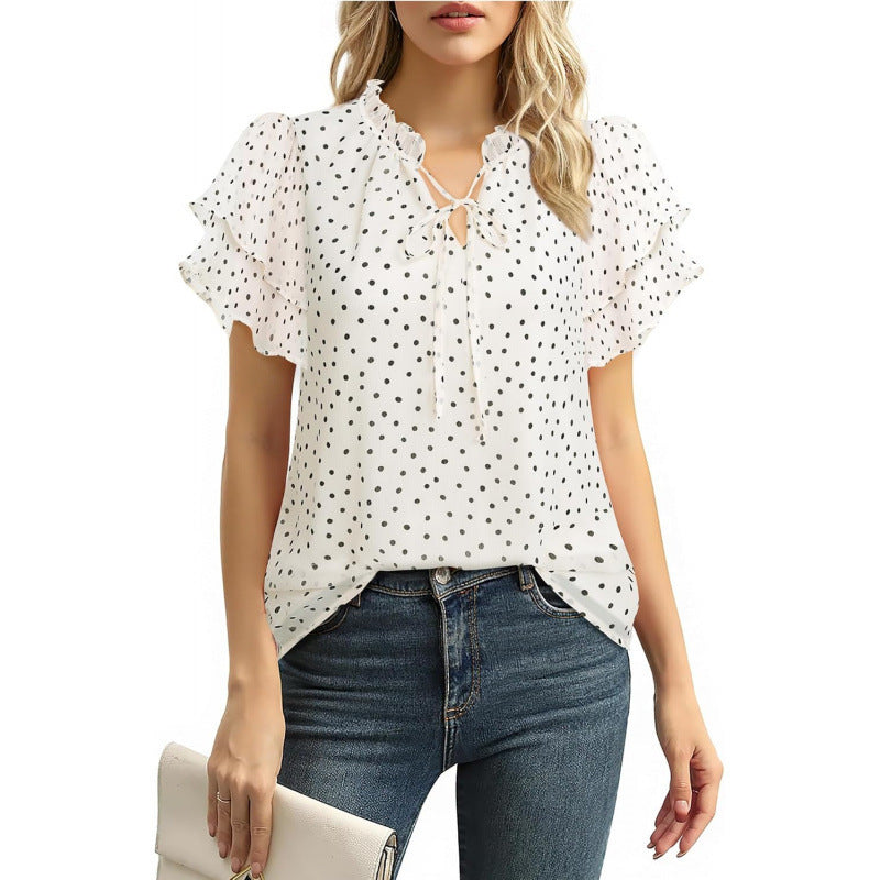 Amazon eleganceelegant short-sleeved topssummernew arrivalv neckruffle sleeve chiffon floralshirt