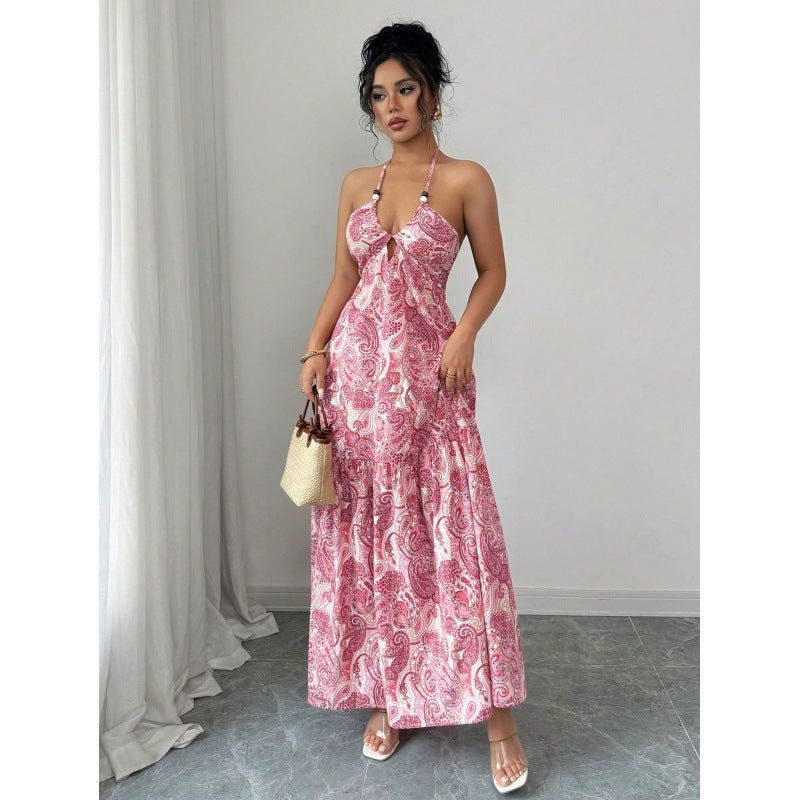 Women's halter neck backless bow tie waist long dress, perfect for vacation and casual wear, summer fashion apparel