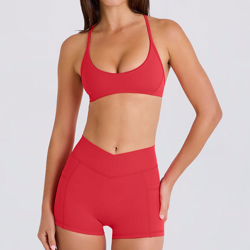 High elastic halter sports intimates bra beautiful back bra cross waist fitness three-quarter shorts yoga wear sports suit