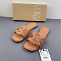 Za2024summernew arrivaltrf women's shoes brown cut out rhinestone decoration flats sandals casualeasiest for match slippers for women