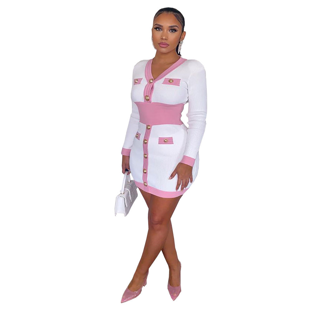 European and american cross-border women's fashion:  autumn new arrivals - chic & elegant stretch color block fuzzy knit dress