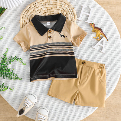Infant & toddler dinosaur-themed outfit set: short-sleeve polo shirt + solid color shorts - perfect for everyday wear or outdoor adventures (boy)