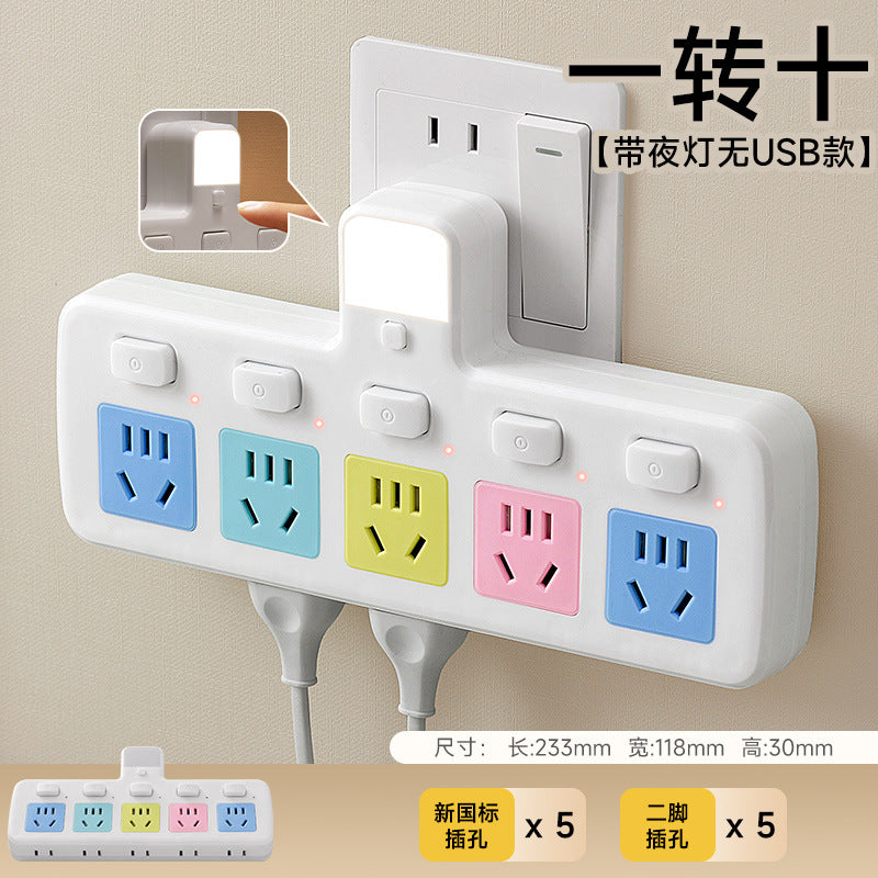 Multi-port usb charging power strip with surge protection, overload protection, five-outlet expansion, independent switches, and bedside night light