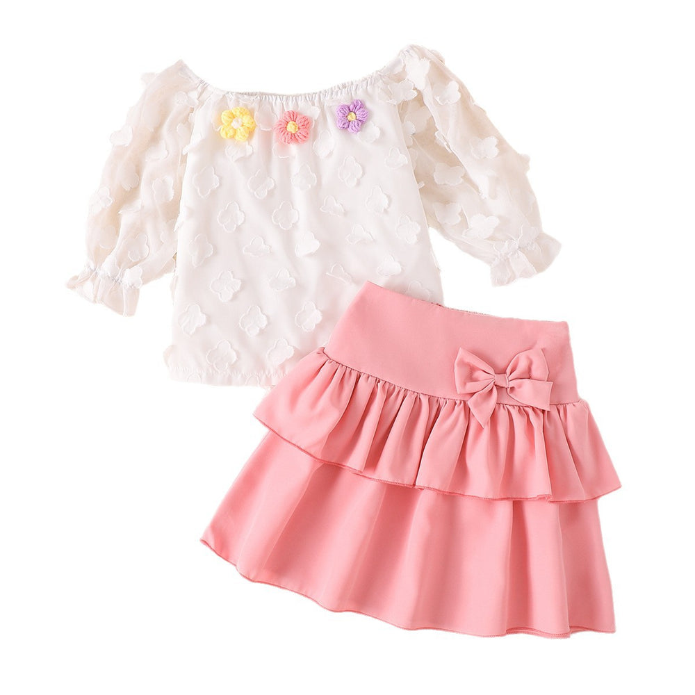girls' two-piece set: white tulle top with floral appliqué and pink tiered skirt - autumn outfit for kids