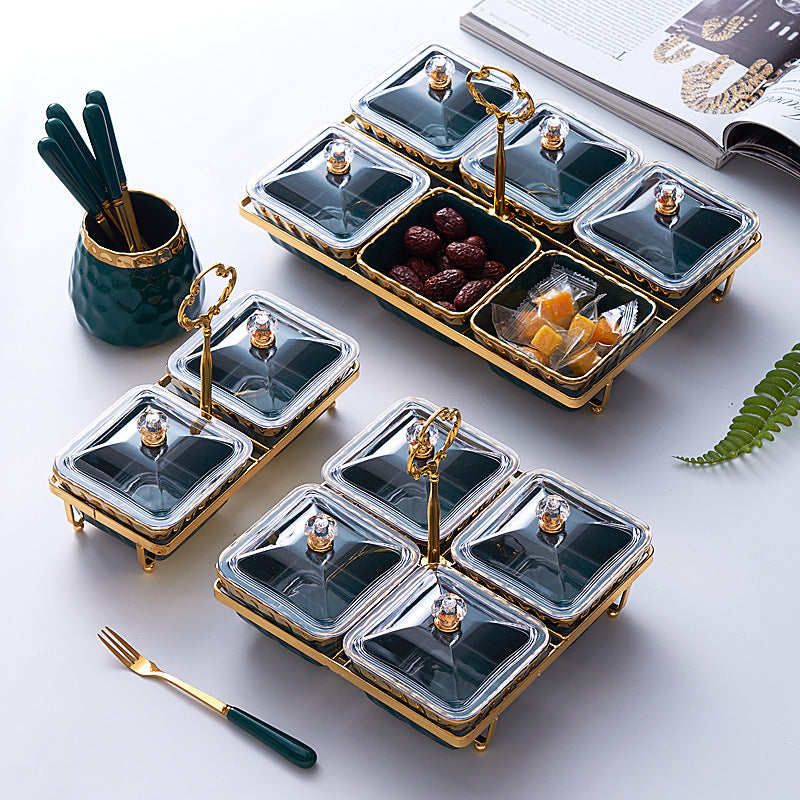 New year ceramic fruit plate with lid dustproof for home dried fruit plate hotel cafe grids dessert plate multi-color snack plate
