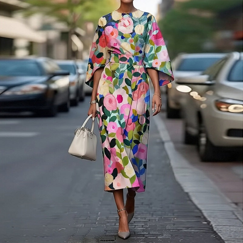 summer new arrivals: european and american style women's fashion - elegant printed midi dress with three-quarter sleeves