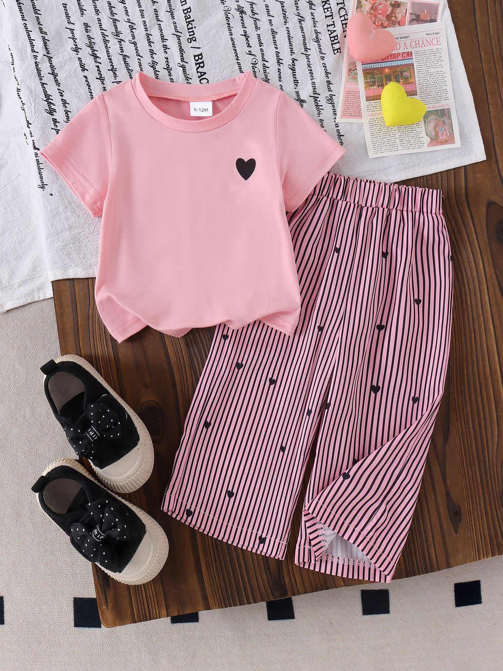 Baby girl heart print short sleeve two-piece set: solid color heart tee & vertical stripe heart wide-leg pants - casual summer outfit