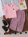 Baby girl heart print short sleeve two-piece set: solid color heart tee & vertical stripe heart wide-leg pants - casual summer outfit
