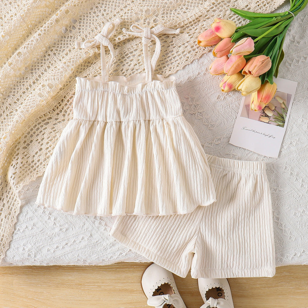 26 summer crochet flower suspender + casual shorts girl cotton and linen western style children's clothing suit wholesale in stock