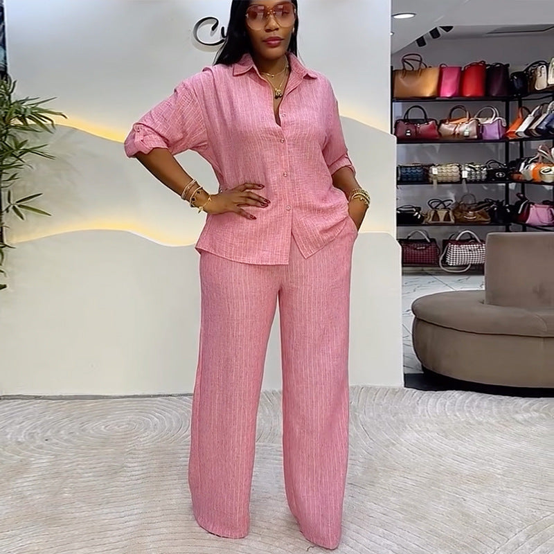 European and american style women's clothing  spring new collection: sweet and fresh turn-down collar single-breasted long sleeve blouse and high-waisted straight-leg pants two-piece set