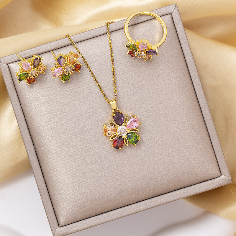 [titanium steel] necklace women's gemstone flower pendant ring earrings suit classy niche clavicle chain earrings jewelry