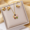 [titanium steel] necklace women's gemstone flower pendant ring earrings suit classy niche clavicle chain earrings jewelry