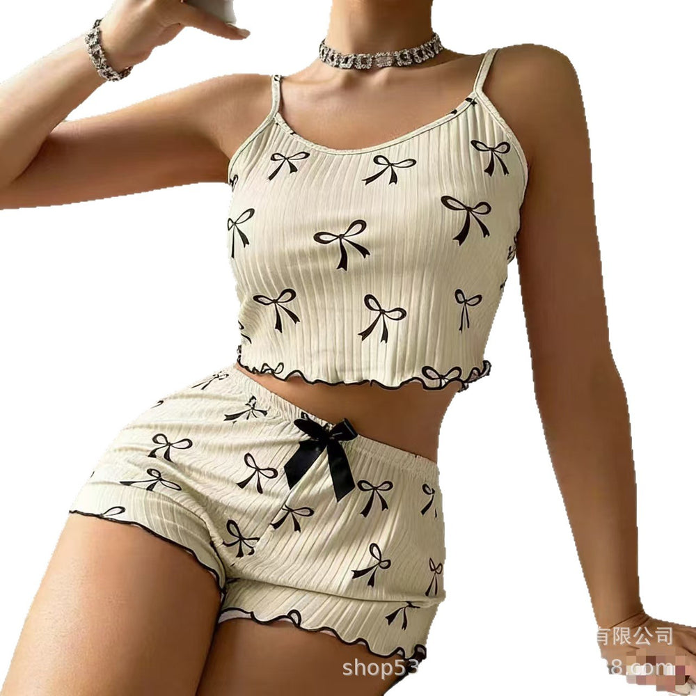 hot-selling european and american home wear: ribbed print, subtly sexy camisole and shorts two-piece pajama set for women