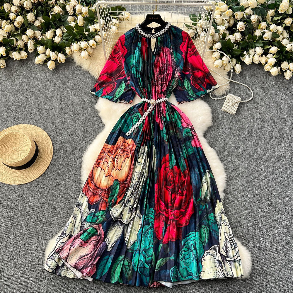 European and american high-end elegant dress - new women's beaded round neck short sleeve cinched waist loose pleated printed maxi dress