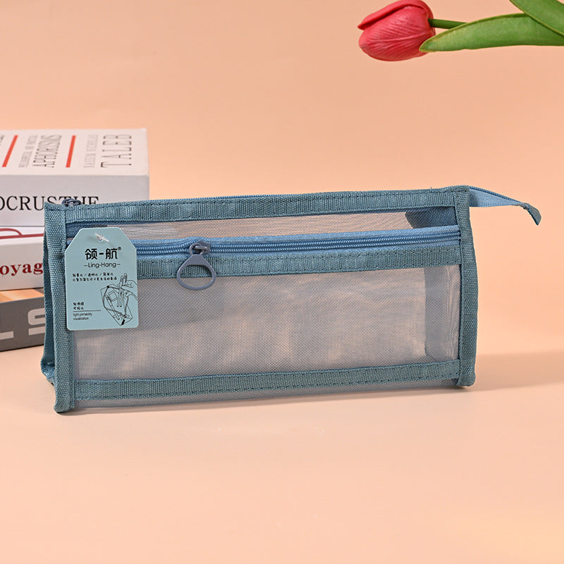 Factory direct sales three-dimensional large-capacity student pencil bag, simple transparent mesh stationery box, triangular universal stationery bag