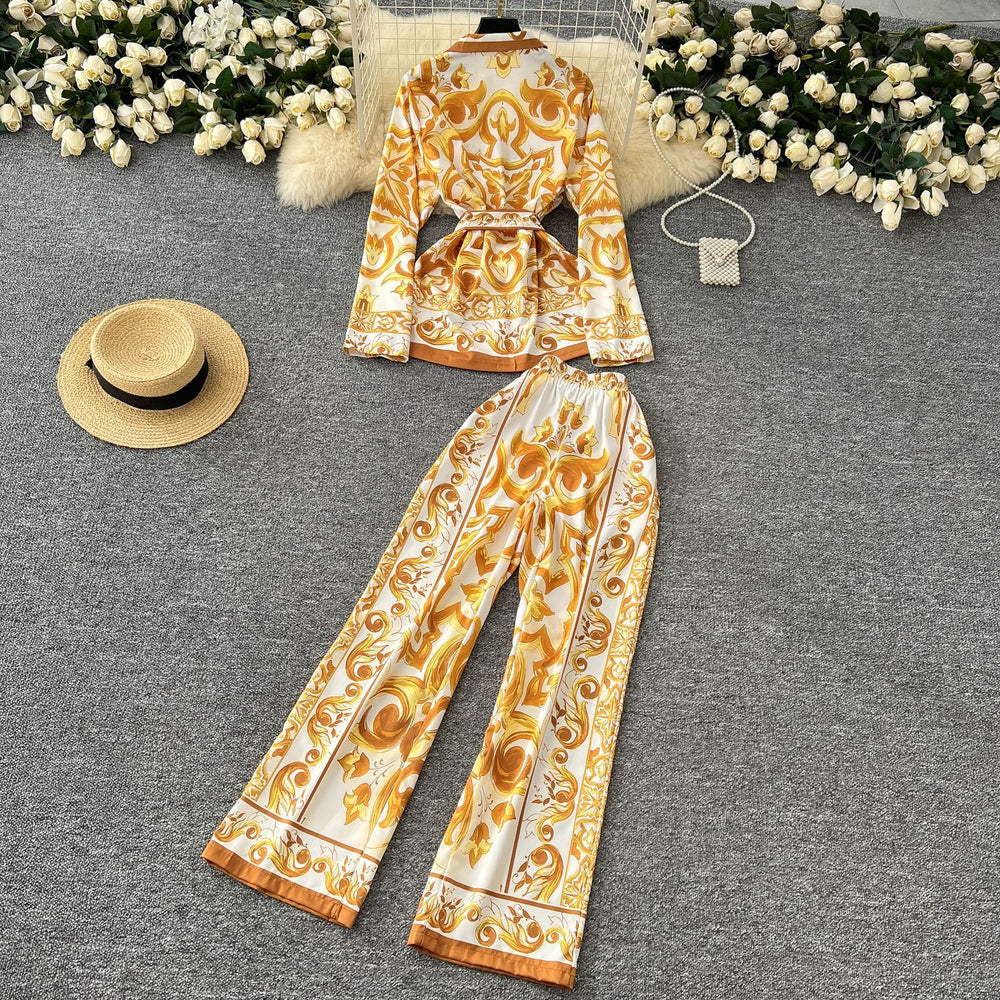 European and american retro chic position print tie-waist collared long sleeve top and high-waisted wide-leg straight pants set for women