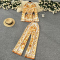 European and american retro chic position print tie-waist collared long sleeve top and high-waisted wide-leg straight pants set for women