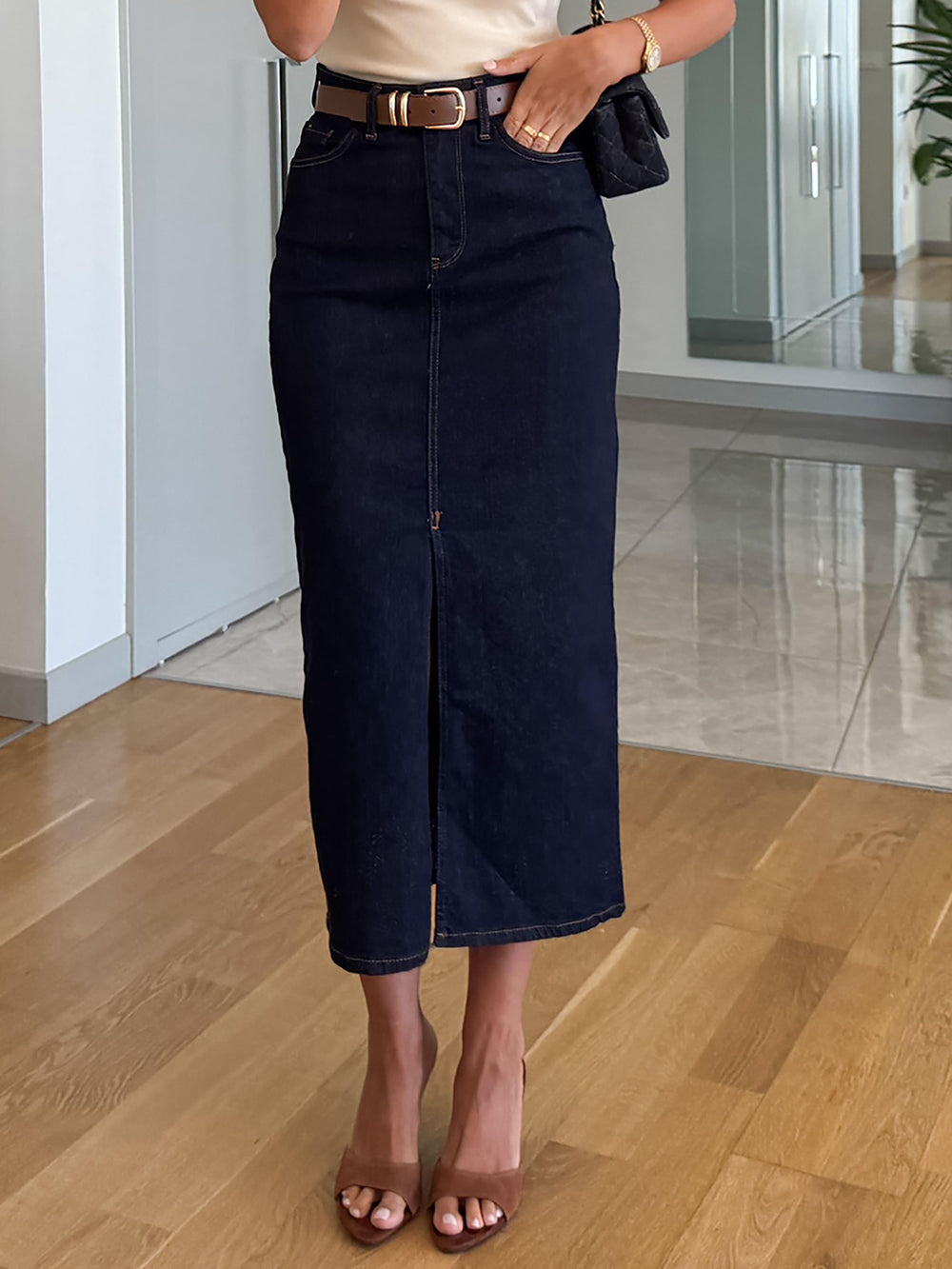 Retro dark blue high waist denim skirt women's medium longstraight-legelegant long skirt work clothingeasiest for matchslimming look skirt
