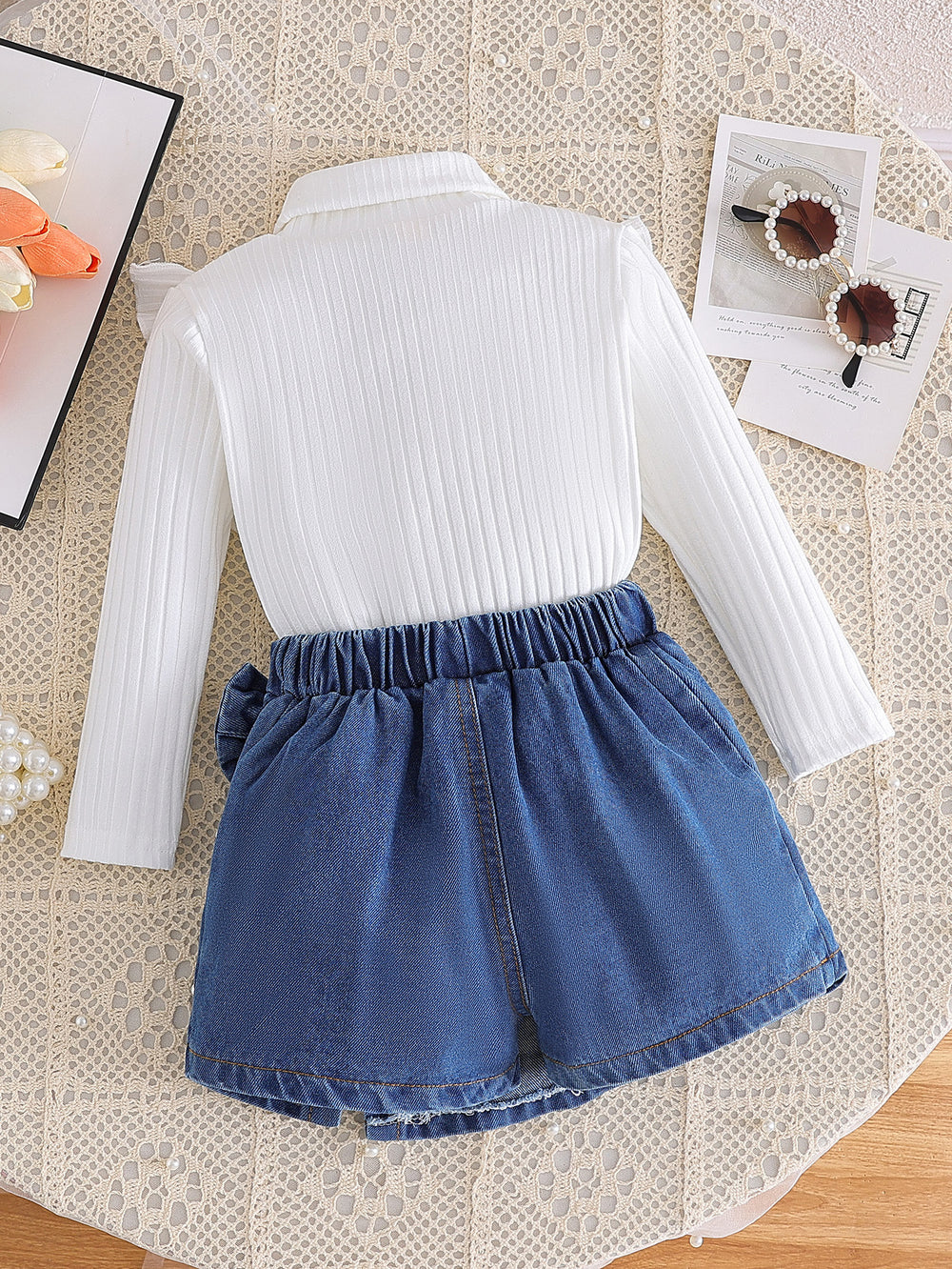 new autumn/winter cross-border girls' high-neck ruffle knit top & heavy-duty denim beaded skirt pants two-piece set
