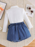 new autumn/winter cross-border girls' high-neck ruffle knit top & heavy-duty denim beaded skirt pants two-piece set