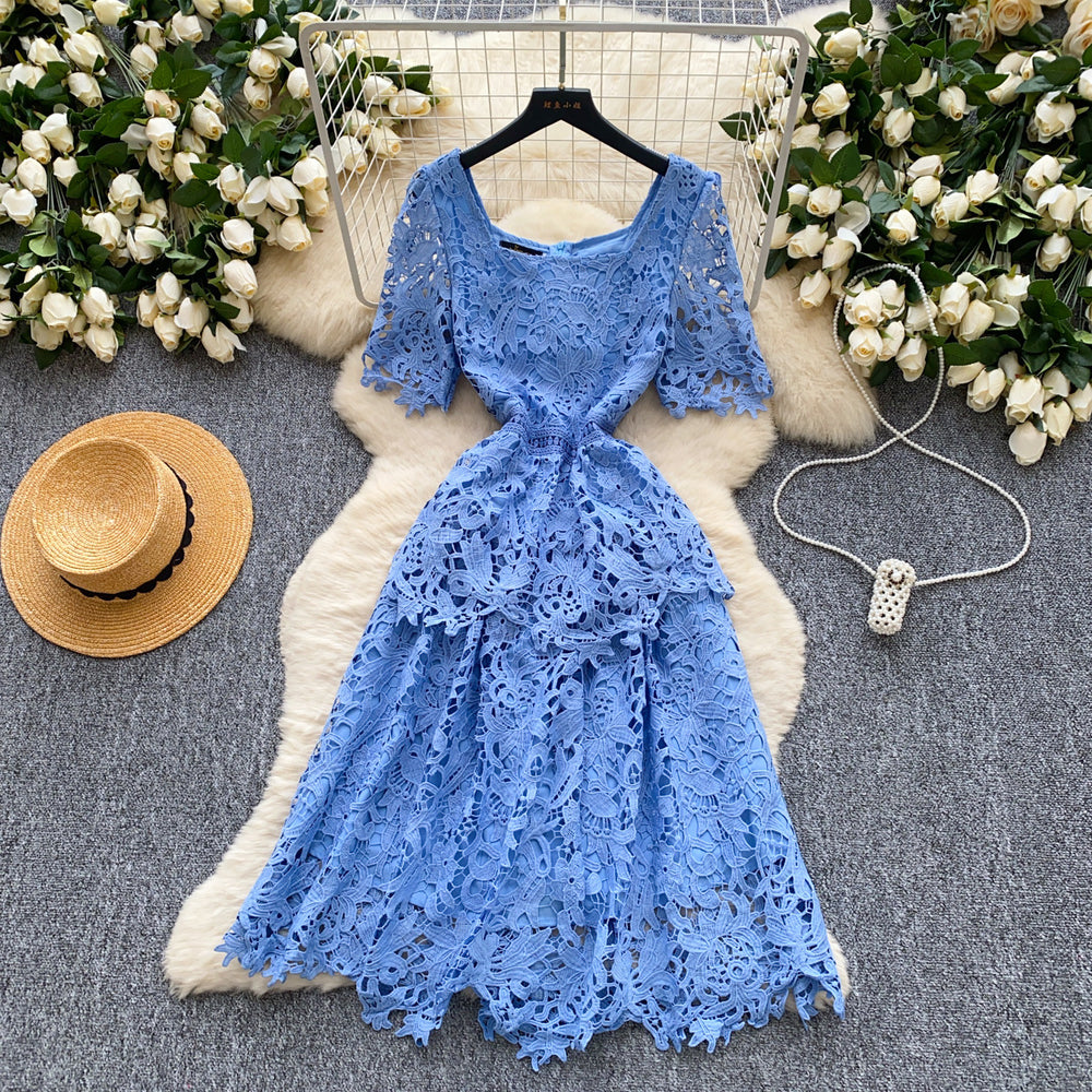 summer french high-end women's formal dress - luxury intricate crochet lace short-sleeve fitted midi dress