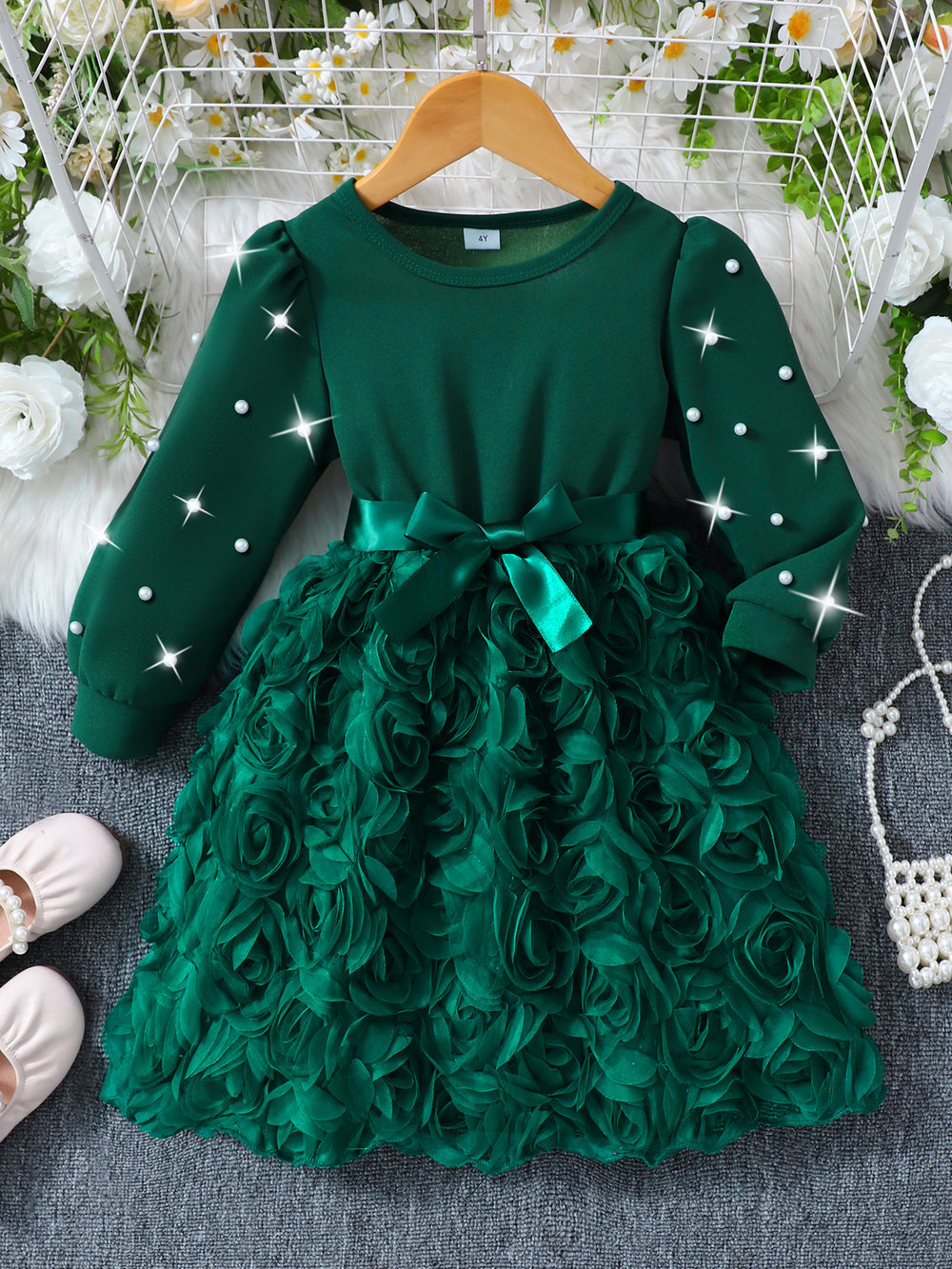 Girls' dress for toddlers and young children, solid color 3d floral pearl long sleeve dress