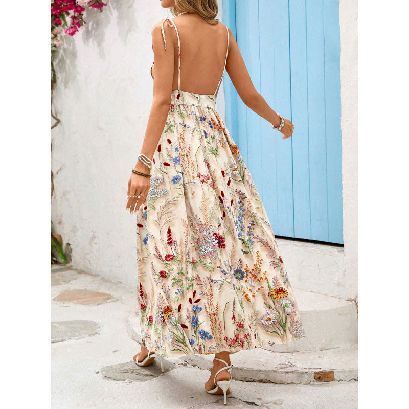 european and american women's printed v-neck cami dress with cinched waist and flared sleeveless design – perfect for beach vacations and everyday wear