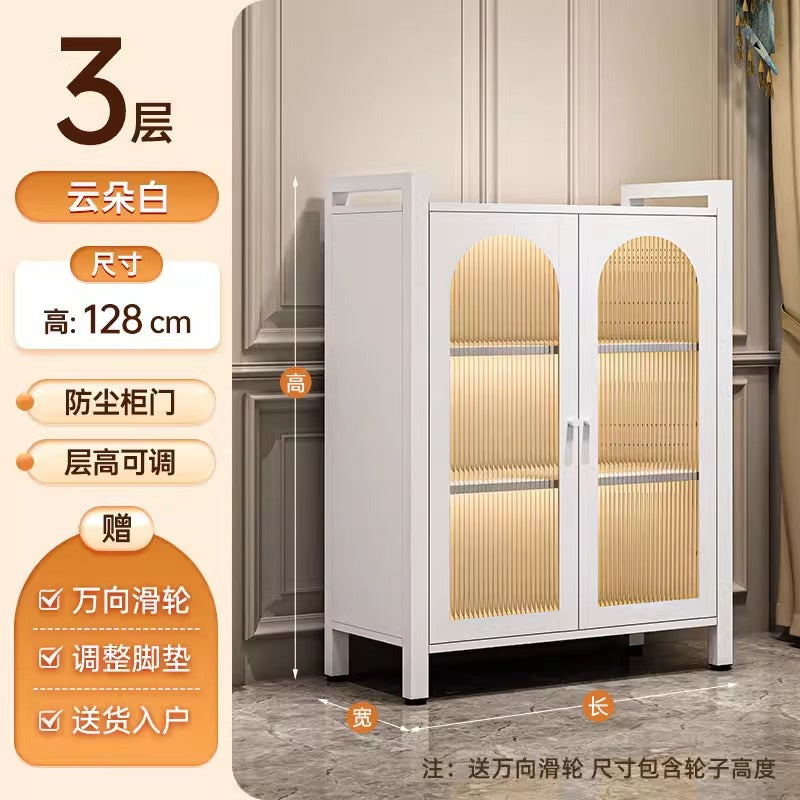 Steel bookshelf with glass door dustproof bookcase living room storage cabinet iron storage cabinet cream style figure display cabinet
