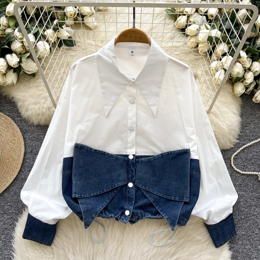 Spring korean style fashion design bowknot denim patchwork long sleeve shirt women's loose blouse top