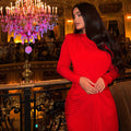 Fashion style cross-border pure color pleated silm curve slimming look hip skirt round neck long sleeves elegant women's tight dress