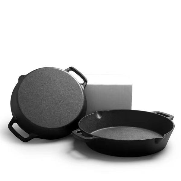 Binaural cast iron pan American double oil nozzle pan Non-stick thickened uncoated double handle frying pan Cross-border