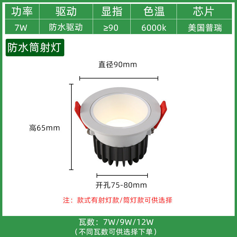 Three pine LED spotlight waterproof downlight bathroom bathroom kitchen bathhouse hotel embedded anti-glare ceiling light