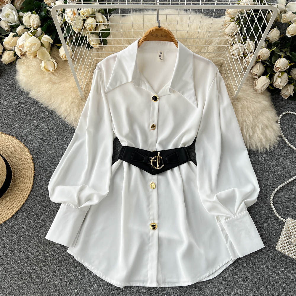 Unique petite tie-waist dress - autumn women's high-end, stunning, elegant long-sleeve white shirt dress
