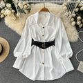 Unique petite tie-waist dress - autumn women's high-end, stunning, elegant long-sleeve white shirt dress