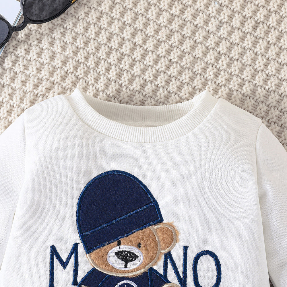 cross-border e-commerce children's wear: new autumn/winter cartoon letter hat bear embroidered hoodie and pants two-piece set