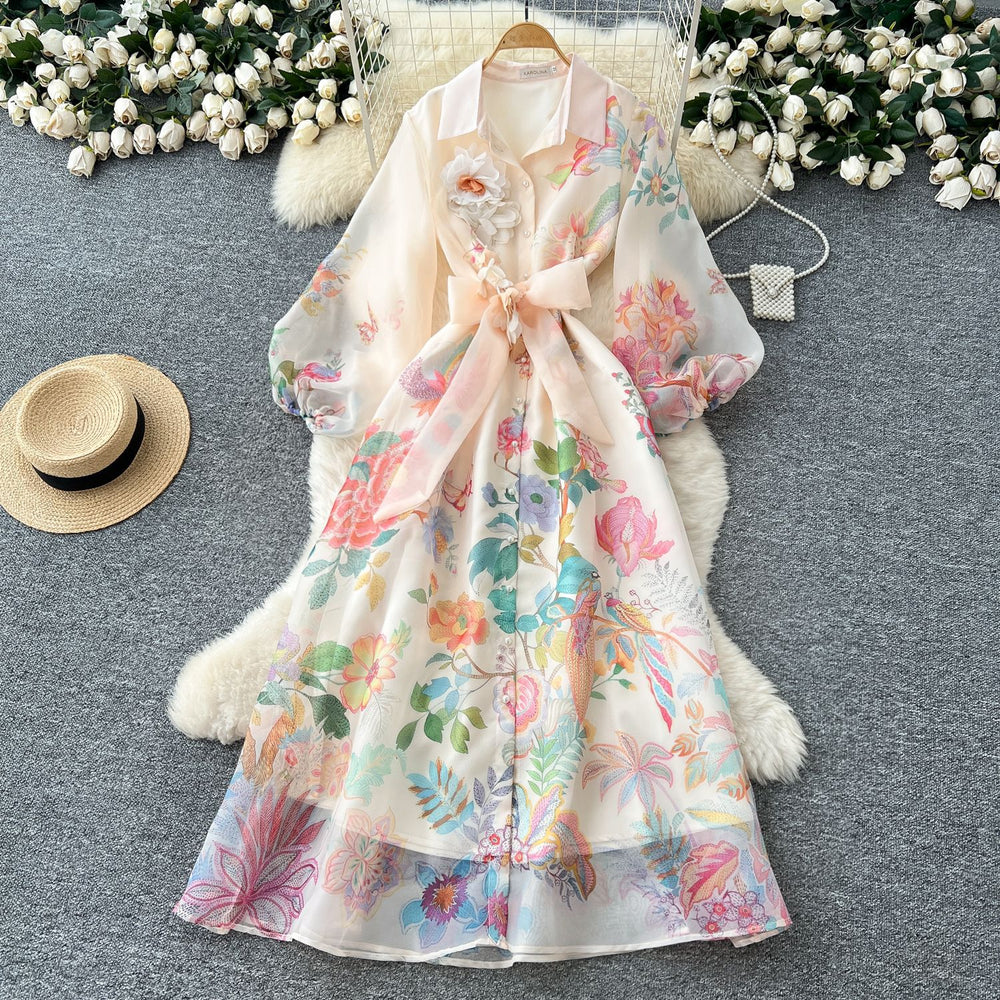 Vintage court style printed bubble sleeve dress - women's autumn tie-waist unique beautiful ethereal maxi dress
