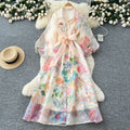 Vintage court style printed bubble sleeve dress - women's autumn tie-waist unique beautiful ethereal maxi dress