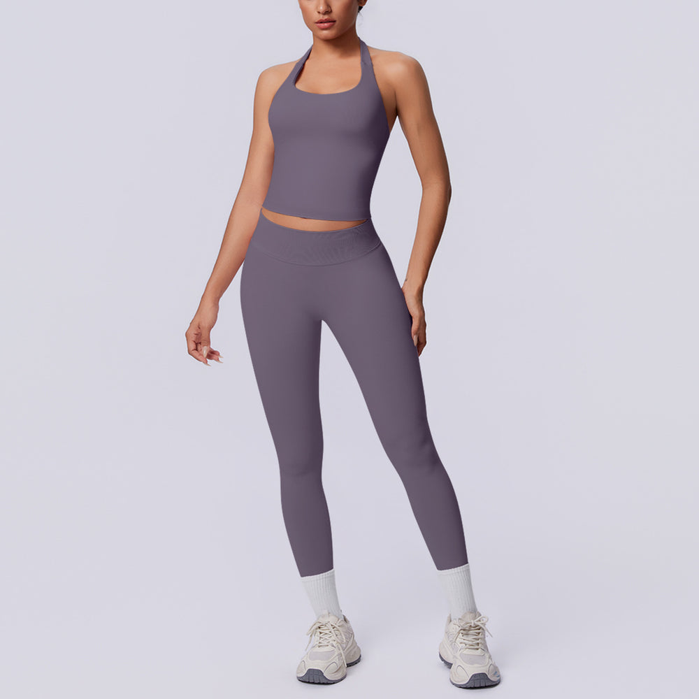 New arrival cross-border seamless pure color halter back tight-fitting suit sports running fitness yoga clothes two-piece set