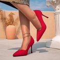 Women's red fashion studded heels - stiletto slip-ons, pointed-toe, minimalist party pumps