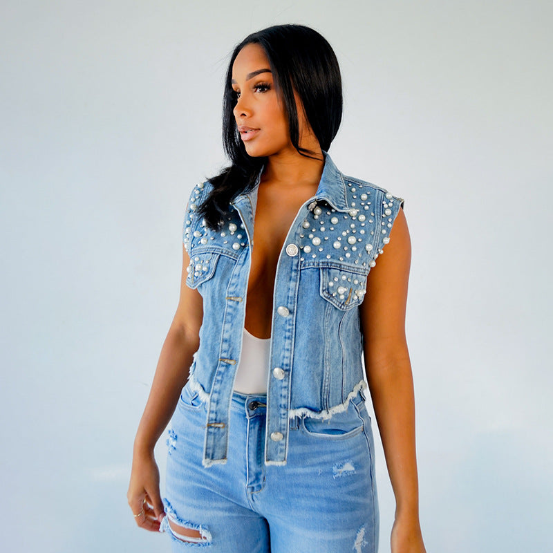 Amazon  sexy denim vest women's summer ins trendy fashion beaded denim top