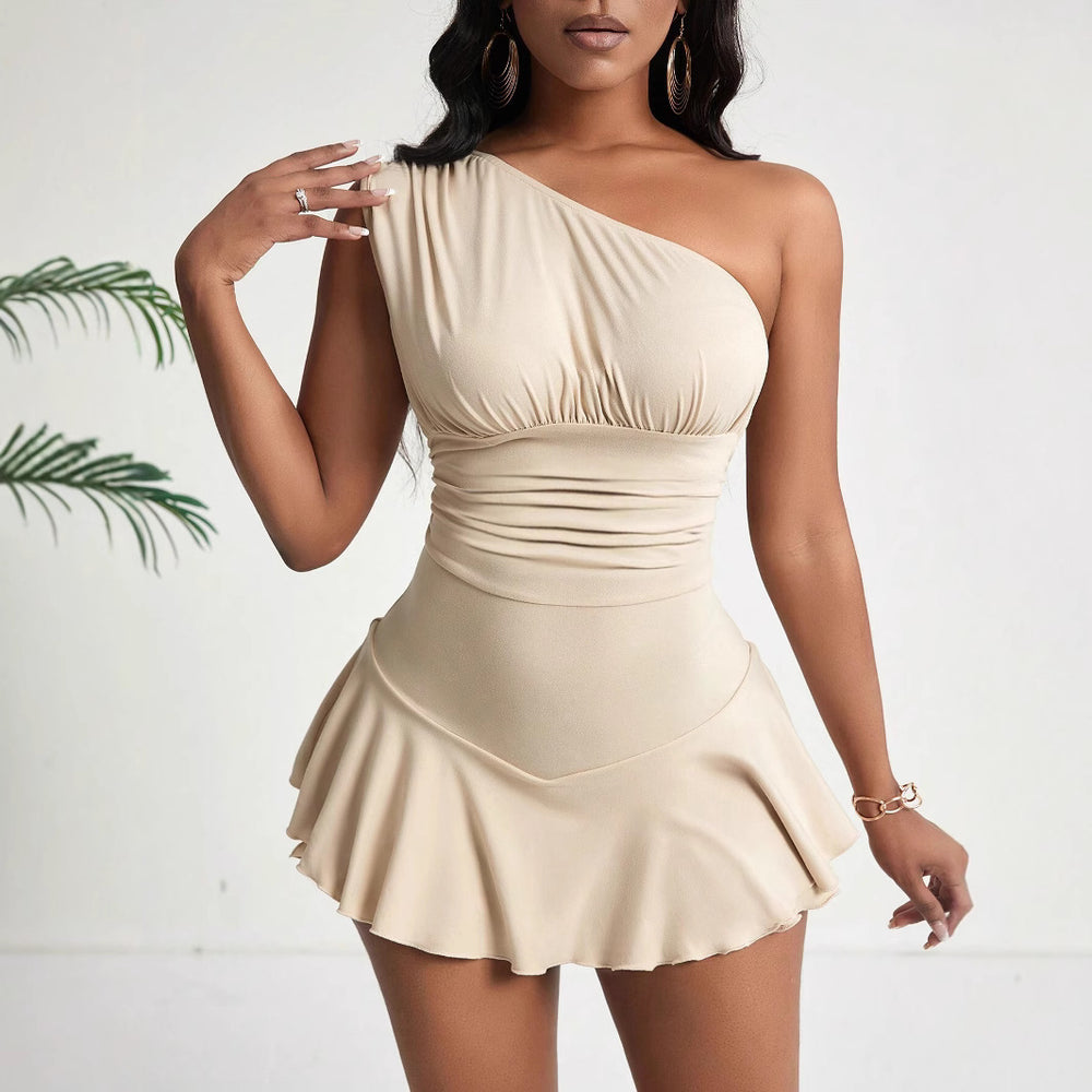 spring/summer new arrivals:  cross-border women's clothing - elegant and intellectual style dress, asymmetrical neckline, high-waisted, ruffle hem mini dress