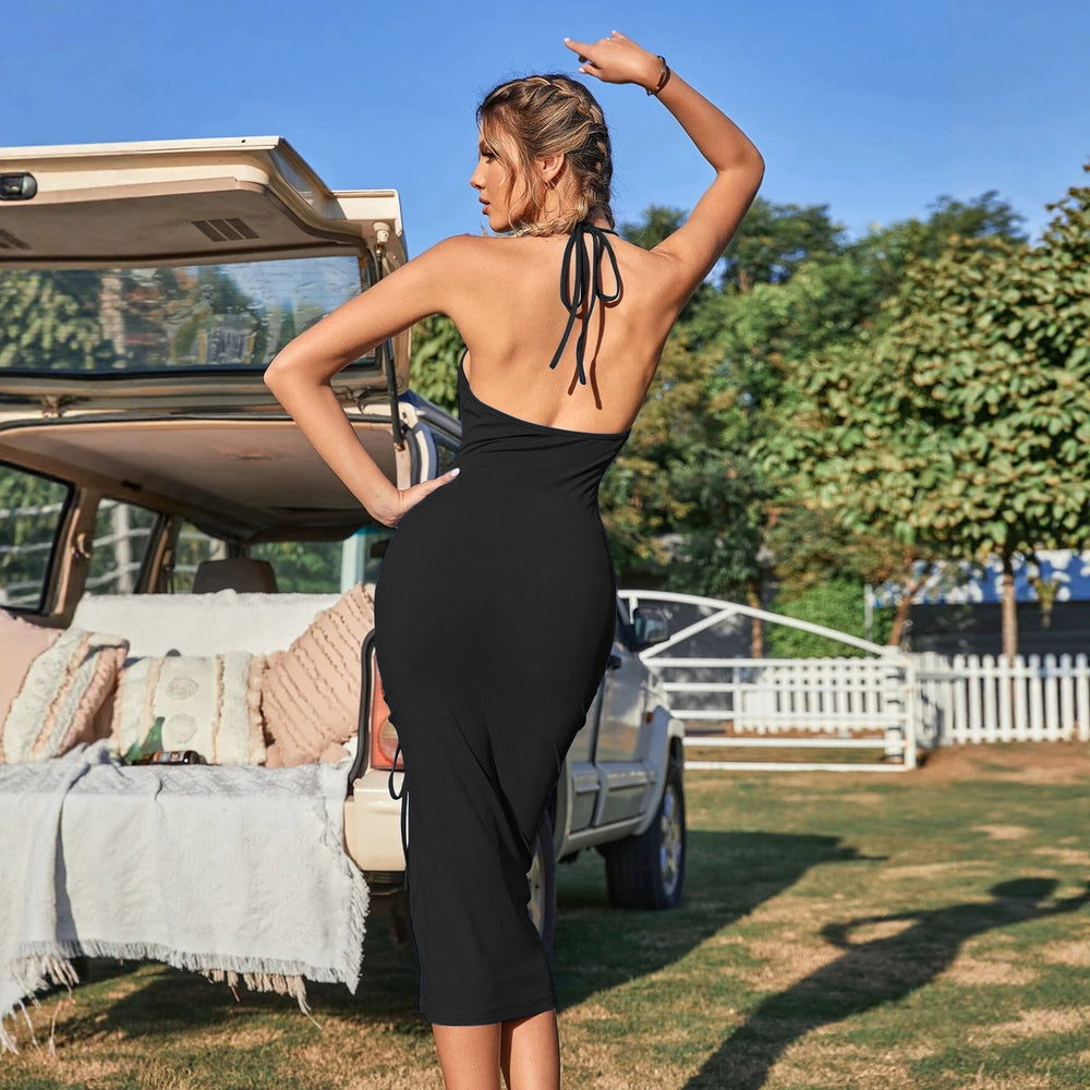 cross-border hot girl style halter dress - drawstring slit backless bodycon mini dress for women's summer