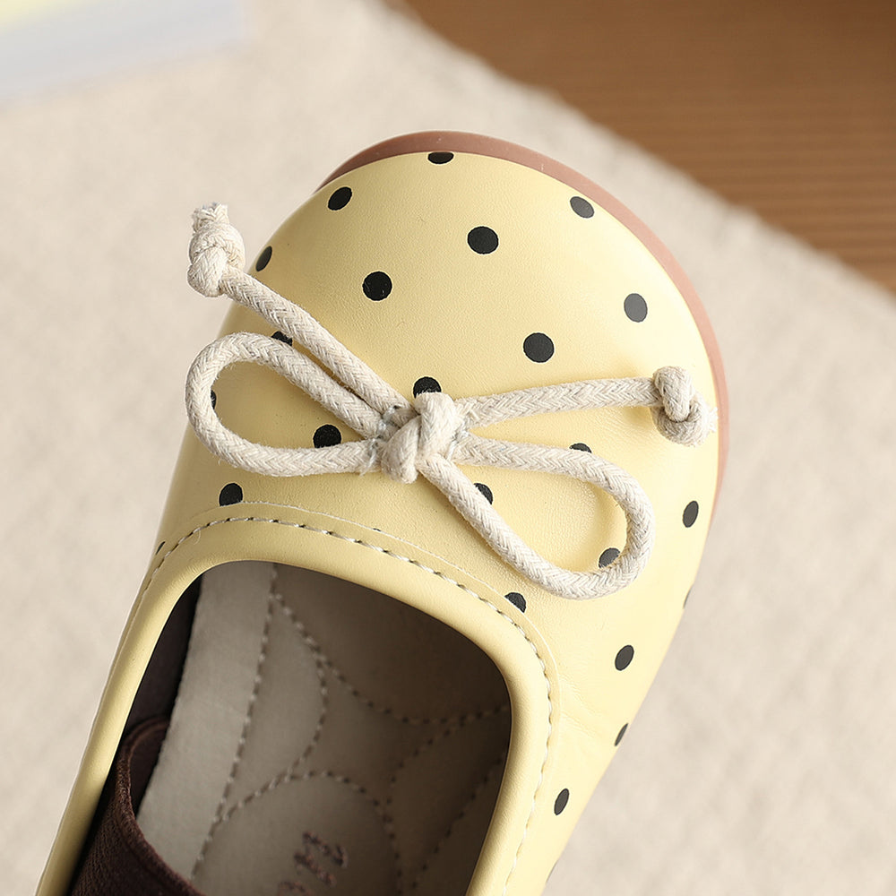 Vancahao girls' korean style polka dot princess shoes,  spring new collection, children's bowknot leather flats, low-cut single shoes